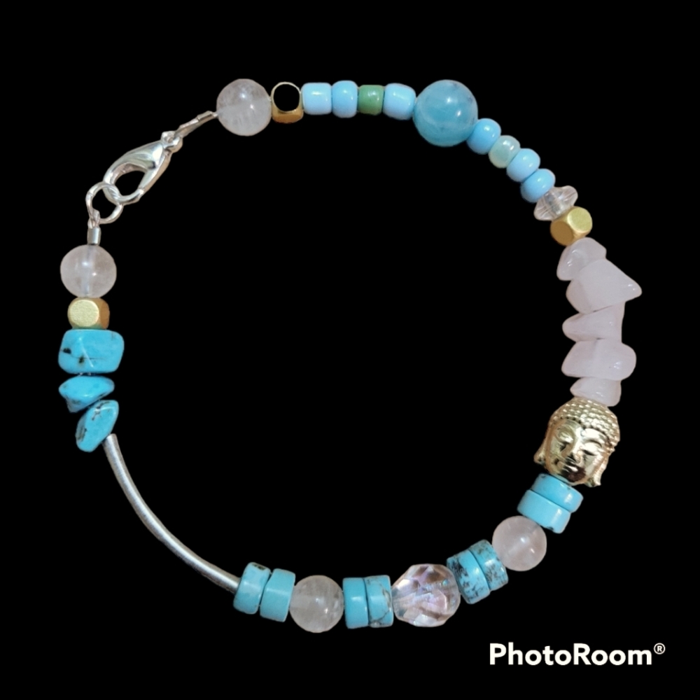 Boho Turquoise and Crystals Bracelet with gold tone Buddha